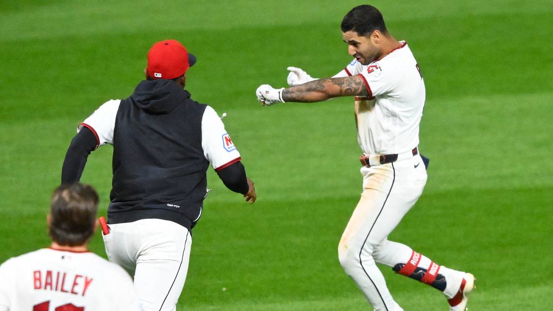 Sep 15, 2026; Cleveland, Ohio, USA;  Cleveland Guardians shortstop Brayan Rocchio (4) celebrates his  game-winning, 2-RBI double in the ninth inning against the Chicago White Sox at Progressive Field.  Mandatory Credit: David Richard-Imagn Images