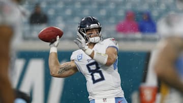 Dec 29, 2024; Jacksonville, Florida, USA; Tennessee Titans quarterback Will Levis (8) during the warm ups before the game against the Jacksonville Jaguars at EverBank Stadium. Mandatory Credit: Morgan Tencza-Imagn Images