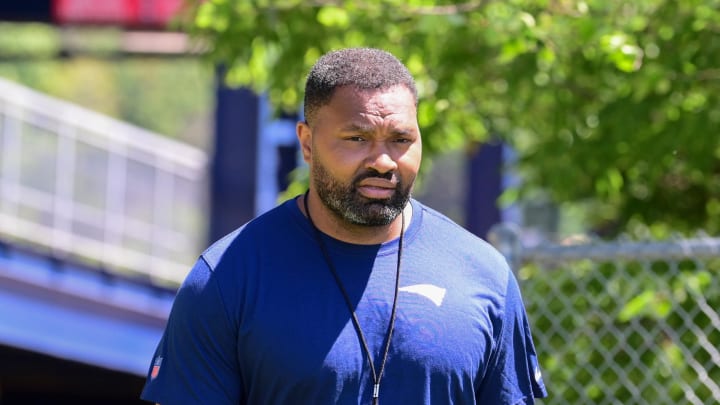 Jun 10, 2024; Foxborough, MA, USA;  New England Patriots head coach Jerod Mayo  walks to a press conference before minicamp at Gillette Stadium. Mandatory Credit: Eric Canha-USA TODAY Sports
