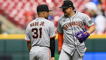Mar 30, 2025; Cincinnati, Ohio, USA; San Francisco Giants shortstop Willy Adames (2) high fives first baseman LaMonte Wade Jr. (31) after the victory over the Cincinnati Reds at Great American Ball Park. Mandatory Credit: Katie Stratman-Imagn Images