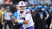Oct 26, 2025; Charlotte, North Carolina, USA; Buffalo Bills quarterback Josh Allen (17) drops to throw during the first half against the Carolina Panthers at Bank of America Stadium. Mandatory Credit: Jim Dedmon-Imagn Images