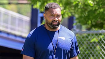 Jun 10, 2024; Foxborough, MA, USA;  New England Patriots head coach Jerod Mayo  walks to a press conference before minicamp at Gillette Stadium. Mandatory Credit: Eric Canha-USA TODAY Sports
