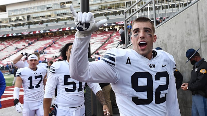 Oct 23, 2021; Pullman, Washington, USA; Brigham Young Cougars defensive lineman Tyler Batty (92) celebrates after a game against the Washington State Cougars at Gesa Field at Martin Stadium. BYU won 21-19. Mandatory Credit: James Snook-Imagn Images
