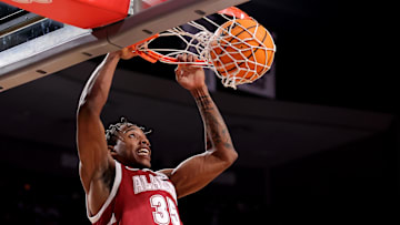 Jan 11, 2025; College Station, Texas, USA; Alabama Crimson Tide forward Derrion Reid (35) dunks against the Texas A&M Aggies during the second half at Reed Arena. Mandatory Credit: Erik Williams-Imagn Images