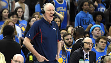 Feb 28, 2019; Los Angeles, CA, USA; ESPN broadcasters Bill Walton (left) and Dave Pasch in the second half of an NCAA basketball game between the Southern California Trojans and the UCLA Bruins at Pauley Pavilion.Mandatory Credit: Kirby Lee-Imagn Images