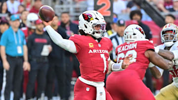 Jan 5, 2025; Glendale, Arizona, USA; Arizona Cardinals quarterback Kyler Murray (1) throws in the first half against the San Francisco 49ers at State Farm Stadium. Mandatory Credit: Matt Kartozian-Imagn Images