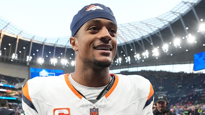 Oct 12, 2025; Tottenham, United Kingdom; Denver Broncos cornerback Pat Surtain II (2) leaves the field after an NFL International Series game against the New York Jets at Tottenham Hotspur Stadium. Mandatory Credit: Kirby Lee-Imagn Images