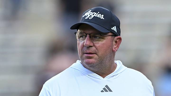 Oct 4, 2025; College Station, Texas, USA; Texas A&M Aggies head coach Mike Elko looks on prior to the game against the Mississippi State Bulldogs at Kyle Field. Mandatory Credit: Maria Lysaker-Imagn Images 