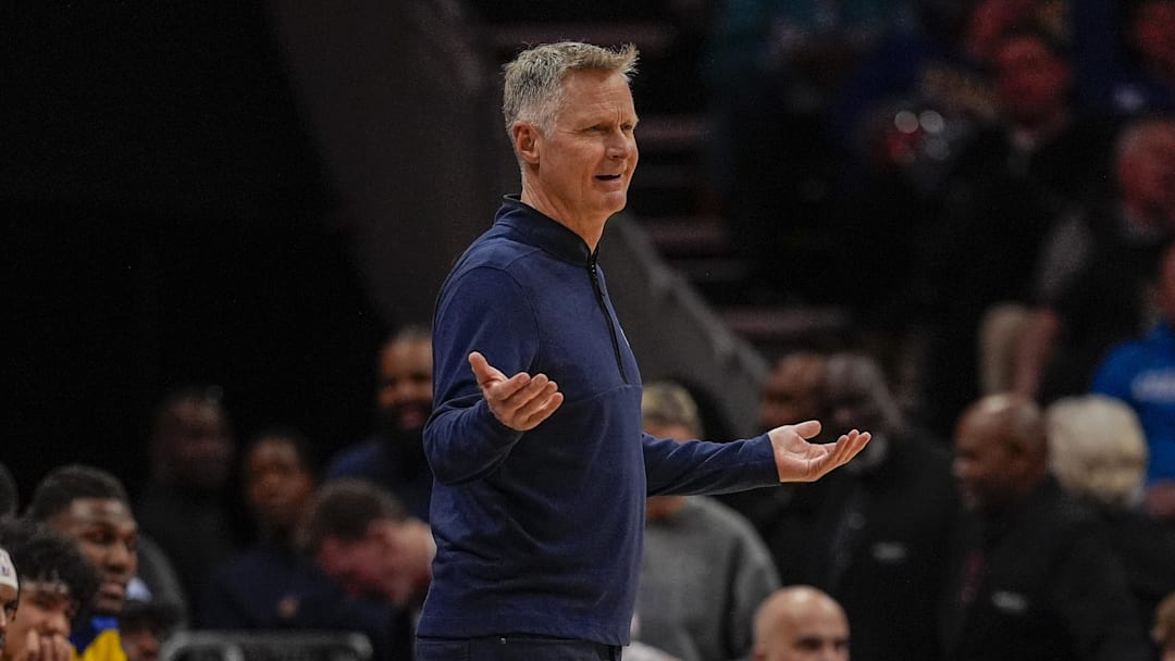 Mar 3, 2025; Charlotte, North Carolina, USA; Golden State Warriors head coach Steve Kerr reacts to a call during the second quarter against the Charlotte Hornets at Spectrum Center. Mandatory Credit: Jim Dedmon-Imagn Images
