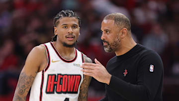 Houston guard Jalen Green (left) and head coach Ime Udoka (right) pictured versus Minnesota