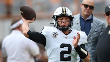 Nov 29, 2025; Knoxville, Tennessee, USA;  Vanderbilt Commodores quarterback Diego Pavia (2) warms up before a game against the Tennessee Volunteers at Neyland Stadium. Mandatory Credit: Randy Sartin-Imagn Images