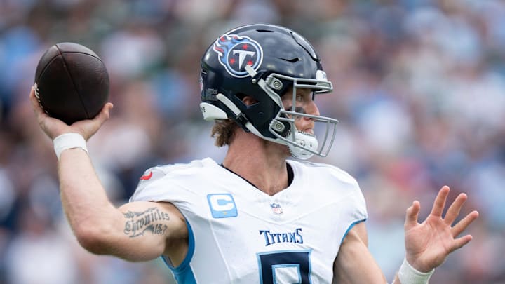 Tennessee Titans quarterback Will Levis (8) throws against the New York Jets during their game at Nissan Stadium in Nashville, Tenn., Sunday, Sept. 15, 2024.