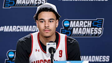 Mar 19, 2025; Denver, CO, USA; Wisconsin Badgers player John Tonje during a press conference at Ball Arena. Mandatory Credit: Isaiah J. Downing-Imagn Images