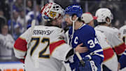 May 18, 2025; Toronto, Ontario, CAN; Toronto Maple Leafs forward Auston Matthews (34) and Florida Panthers goaltender Sergei Bobrovsky (72) shake hands after game seven of the second round of the 2025 Stanley Cup Playoffs at Scotiabank Arena. Mandatory Credit: John E. Sokolowski-Imagn Images