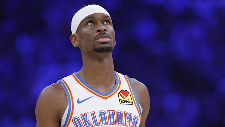 Mar 29, 2026; Oklahoma City, Oklahoma, USA; Oklahoma City Thunder guard Shai Gilgeous-Alexander (2) walks down the court during the first half against the New York Knicks at Paycom Center. Mandatory Credit: Alonzo Adams-Imagn Images