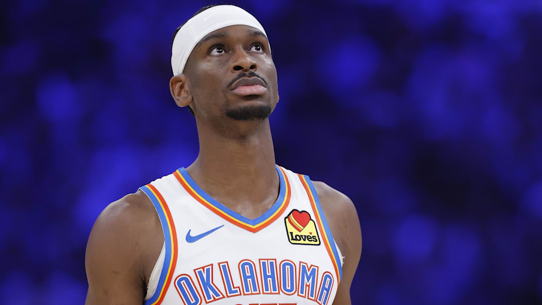 Mar 29, 2026; Oklahoma City, Oklahoma, USA; Oklahoma City Thunder guard Shai Gilgeous-Alexander (2) walks down the court during the first half against the New York Knicks at Paycom Center. Mandatory Credit: Alonzo Adams-Imagn Images