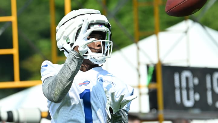 Jul 24, 2024; Rochester, NY, USA; Buffalo Bills wide receiver Curtis Samuel (1) catches a pass during a training camp session at St. John Fisher University. Mandatory Credit: Mark Konezny-USA TODAY Sports