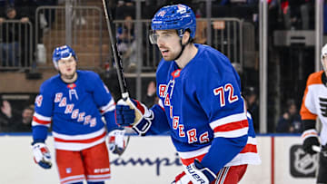 Jan 23, 2025; New York, New York, USA;  New York Rangers center Filip Chytil (72) celebrates his goal Philadelphia Flyers during the third period at Madison Square Garden. Mandatory Credit: Dennis Schneidler-Imagn Images
