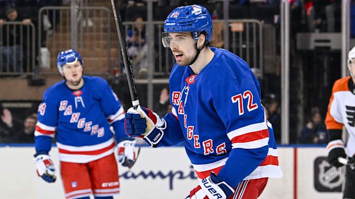 Jan 23, 2025; New York, New York, USA;  New York Rangers center Filip Chytil (72) celebrates his goal Philadelphia Flyers during the third period at Madison Square Garden. Mandatory Credit: Dennis Schneidler-Imagn Images
