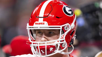 Jan 10, 2022; Indianapolis, IN, USA; Georgia Bulldogs offensive lineman Chad Lindberg (78) against the Alabama Crimson Tide in the 2022 CFP college football national championship game at Lucas Oil Stadium. Mandatory Credit: Mark J. Rebilas-Imagn Images