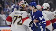 May 18, 2025; Toronto, Ontario, CAN; Toronto Maple Leafs forward Auston Matthews (34) and Florida Panthers goaltender Sergei Bobrovsky (72) shake hands after game seven of the second round of the 2025 Stanley Cup Playoffs at Scotiabank Arena. Mandatory Credit: John E. Sokolowski-Imagn Images