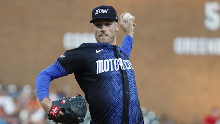 Jul 26, 2024; Detroit, Michigan, USA; Detroit Tigers pitcher Joey Wentz (43) throws during the seventh inning of the game against the Minnesota Twins at Comerica Park. Mandatory Credit: Brian Bradshaw Sevald-Imagn Images