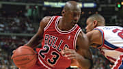 Feb 15, 1996;  Auburn Hills MI, USA; FILE PHOTO; Chicago Bulls guard Michael Jordan (23) in action against the Detroit Pistons at the Palace at  Auburn Hills. The Bulls beat the Pistons 112-109 in overtime. Mandatory Credit: Matthew Emmons-Imagn Images
