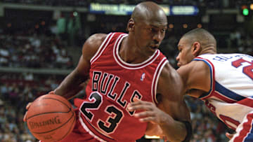 Feb 15, 1996;  Auburn Hills MI, USA; FILE PHOTO; Chicago Bulls guard Michael Jordan (23) in action against the Detroit Pistons at the Palace at  Auburn Hills. The Bulls beat the Pistons 112-109 in overtime. Mandatory Credit: Matthew Emmons-Imagn Images