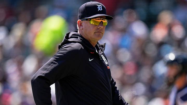 Detroit Tigers manager A.J. Hinch (14) walks off the field after pitching change during the eighth inning at Comerica Park in Detroit on Thursday, May 21, 2026.