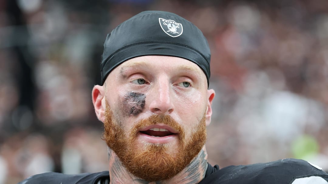 Sep 28, 2025; Paradise, Nevada, USA; Las Vegas Raiders defensive end Maxx Crosby (98) looks on from the sideline during the first quarter against the Chicago Bears at Allegiant Stadium. Mandatory Credit: Kiyoshi Mio-Imagn Images