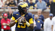 Sep 13, 2025; Ann Arbor, Michigan, USA;  Michigan Wolverines quarterback Bryce Underwood (19) passes in the first half against the Central Michigan Chippewas at Michigan Stadium. Mandatory Credit: Rick Osentoski-Imagn Images
