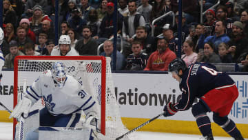 Dec 23, 2023; Columbus, Ohio, USA; Columbus Blue Jackets Forward Cole Sillinger (4) tried to stuff