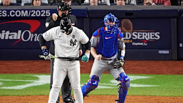 Anthony Rizzo strikes out during the eighth inning against the Los Angeles Dodgers in Game 4 of the 2024 MLB World Series.