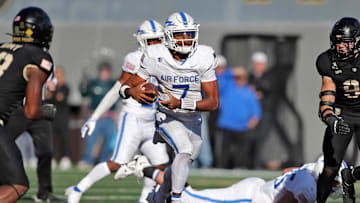 Nov 2, 2024; West Point, New York, USA; Air Force Falcons quarterback Quentin Hayes (7) carries the ball against the Army Black Knights during the second half at Michie Stadium.
