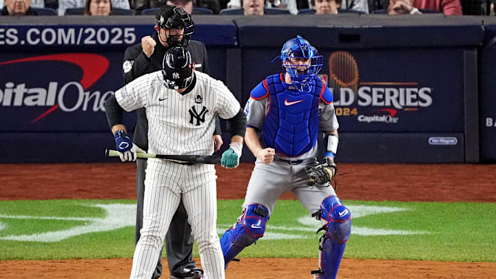 Oct 30, 2024; New York, New York, USA; New York Yankees first baseman Anthony Rizzo (48) reacts after striking out during the eighth inning against the Los Angeles Dodgers in game four of the 2024 MLB World Series at Yankee Stadium. Mandatory Credit: Robert Deutsch-Imagn Images