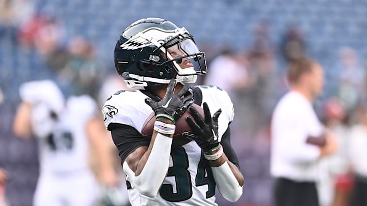 Aug 15, 2024; Foxborough, MA, USA; Philadelphia Eagles cornerback Isaiah Rodgers (34) warms up before a game against the New England Patriots.