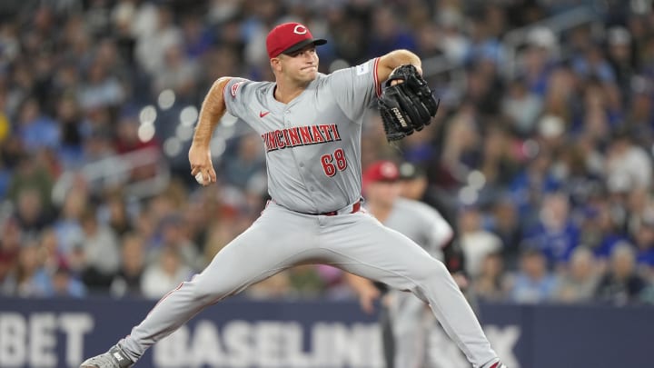 Cincinnati Reds starting pitcher Carson Spiers (68) pitches to the Toronto Blue Jays during the first inning at Rogers Centre on Aug 20.