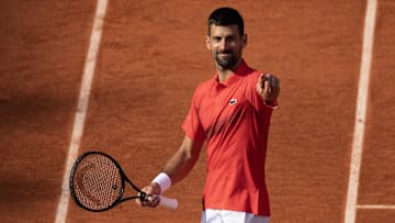 Novak Djokovic of Serbia celebrates winning his match against Cameron Norrie of Great Britain on day nine at Roland Garros Stadium.  