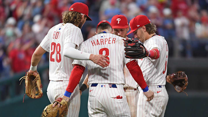 Jun 30, 2025; Philadelphia, Pennsylvania, USA; Philadelphia Phillies third base Alec Bohm (28), first base Bryce Harper (3), shortstop Trea Turner (7) and second base Bryson Stott (5) celebrate win against the San Diego Padres at Citizens Bank Park. Jun 30, 2025; Philadelphia, Pennsylvania, USA; Philadelphia Phillies third base Alec Bohm (28), first base Bryce Harper (3), shortstop Trea Turner (7) and second base Bryson Stott (5) celebrate win against the San Diego Padres at Citizens Bank Park.