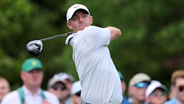 Rory McIlroy tees off during the third round of the 2025 Masters at Augusta National Golf Club