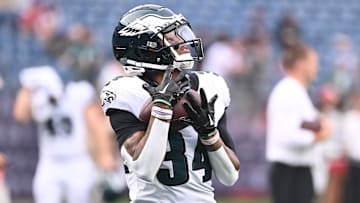 Aug 15, 2024; Foxborough, MA, USA; Philadelphia Eagles cornerback Isaiah Rodgers (34) warms up before a game against the New England Patriots at Gillette Stadium.