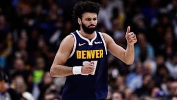 Mar 14, 2025; Denver, Colorado, USA; Denver Nuggets guard Jamal Murray (27) reacts after a play in the third quarter against the Los Angeles Lakers at Ball Arena. Mandatory Credit: Isaiah J. Downing-Imagn Images