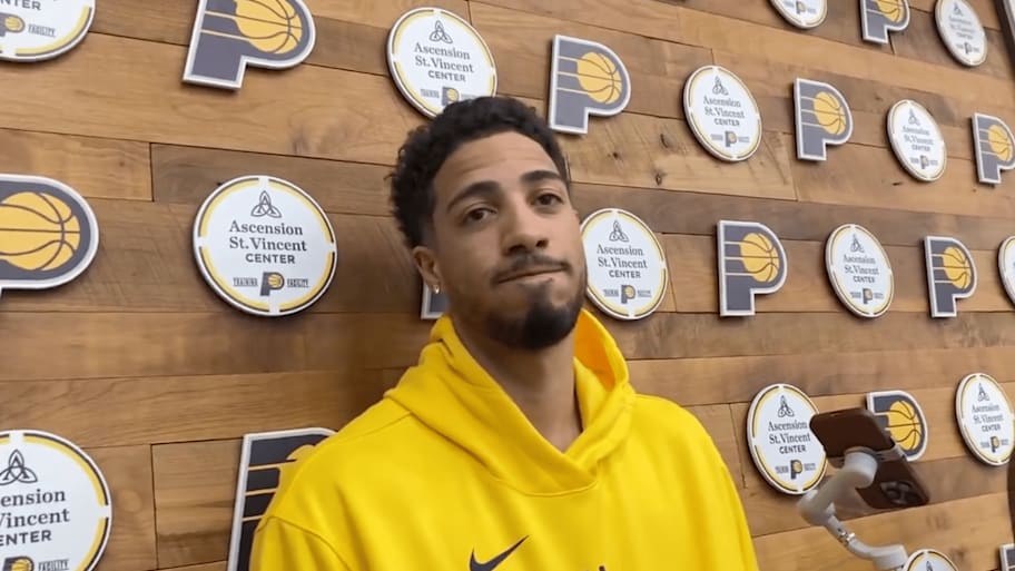 Tyrese Haliburton speaks to reporters Saturday | Screengrab via @DustinDopirak / Indianapolis Star on X/Twitter