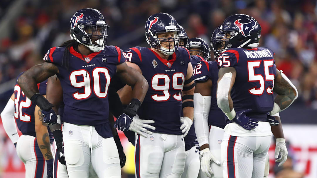 Jan 5, 2019; Houston, TX, USA; Houston Texans defensive end Jadeveon Clowney (90), defensive end J.J. Watt (99) and linebacker Benardrick McKinney (55) against the Indianapolis Colts in the AFC Wild Card playoff football game at NRG Stadium. Mandatory Credit: Mark J. Rebilas-Imagn Images