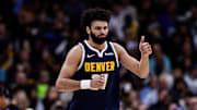 Mar 14, 2025; Denver, Colorado, USA; Denver Nuggets guard Jamal Murray (27) reacts after a play in the third quarter against the Los Angeles Lakers at Ball Arena. Mandatory Credit: Isaiah J. Downing-Imagn Images