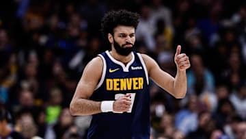 Mar 14, 2025; Denver, Colorado, USA; Denver Nuggets guard Jamal Murray (27) reacts after a play in the third quarter against the Los Angeles Lakers at Ball Arena. Mandatory Credit: Isaiah J. Downing-Imagn Images
