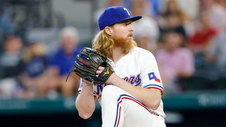 Jul 23, 2024; Arlington, Texas, USA; Texas Rangers pitcher Jon Gray (22) throws during the first inning against the Chicago White Sox at Globe Life Field. Mandatory Credit: Andrew Dieb-USA TODAY Sports