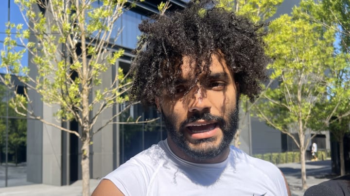 Oregon defensive back Kobe Savage meets with the media during 2024 preseason camp.