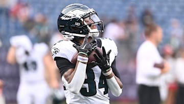 Aug 15, 2024; Foxborough, MA, USA; Philadelphia Eagles cornerback Isaiah Rodgers (34) warms up before a game against the New England Patriots at Gillette Stadium. Mandatory Credit: Eric Canha-Imagn Images