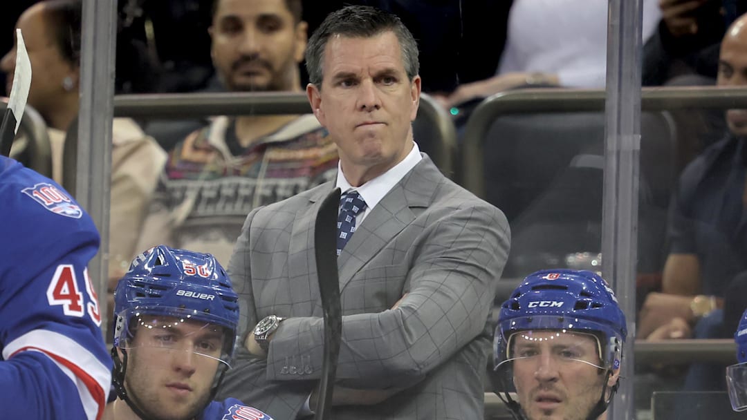 Mar 16, 2026; New York, New York, USA; New York Rangers head coach Mike Sullivan reacts during the first period against the Los Angeles Kings at Madison Square Garden. 